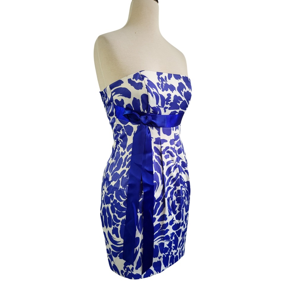 Vintage Y2K Jessica McClintock Blue Floral Strapless Empire Waist Mini Dress‎ 2